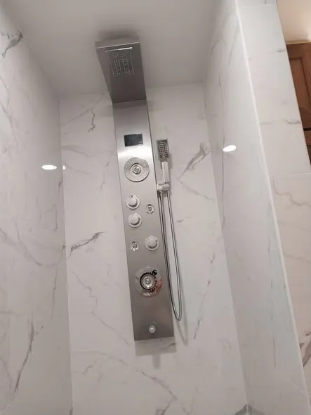 Walk-in shower with marble-look porcelain walls and a stainless shower panel